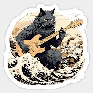Cat guitar Kanagawa Wave Sticker
